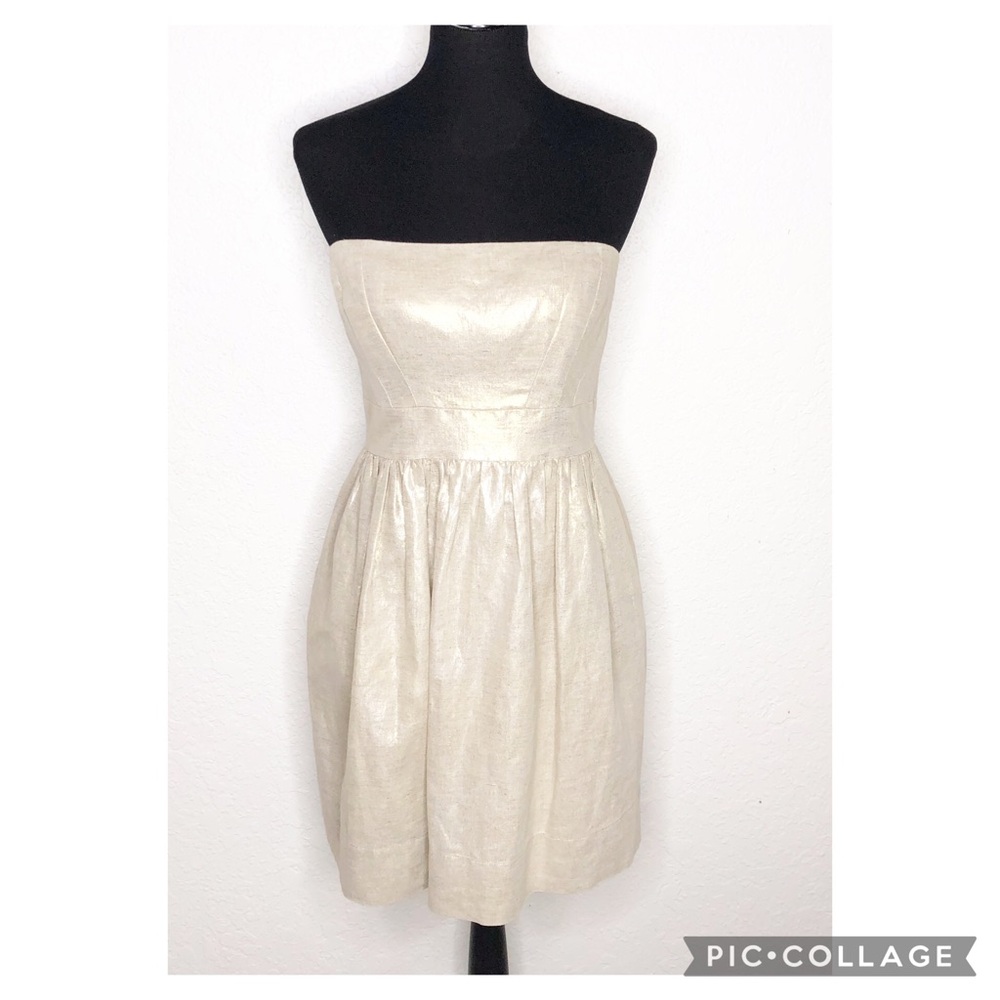 Shoshanna gold metallic‎ linen blend strapless fit flare dress size 8